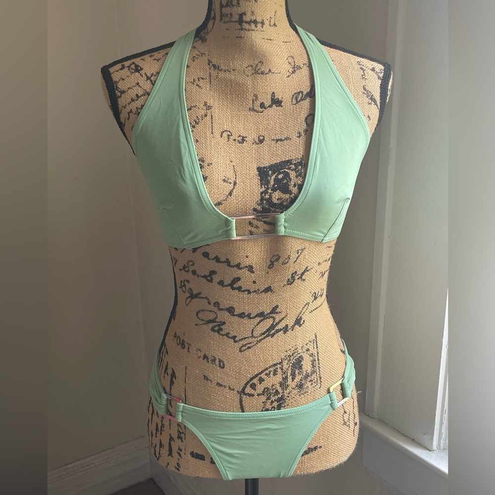 EUC Calvin Klein Light Green Halter Two-piece Swimsuit with Silver Accents